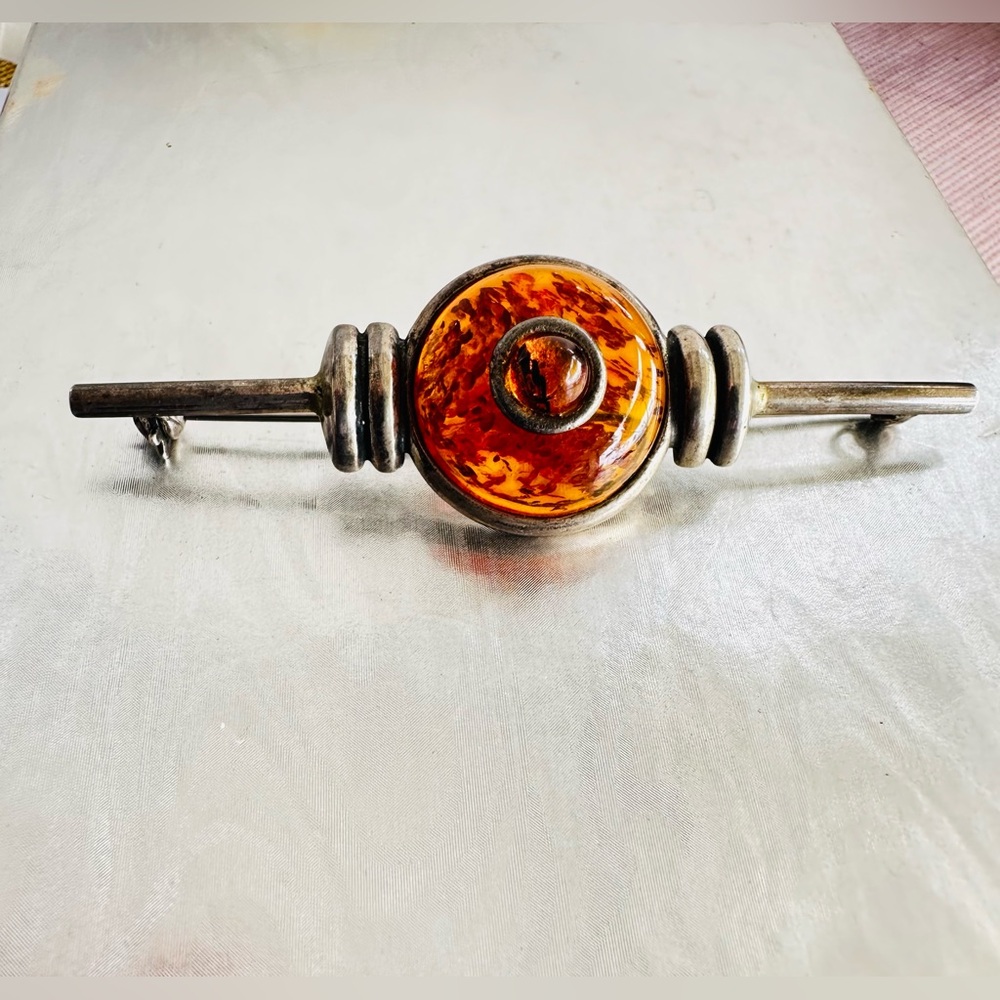 Amber Brooch Sterling silver circa 1980s marked 925